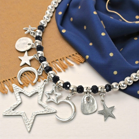 🆕 Celestial Boho Statement Necklace Turkish Handmade Silver Zamak Beads Artisan - Picture 1 of 14